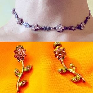 Pink rhinestone Choker and earnings set